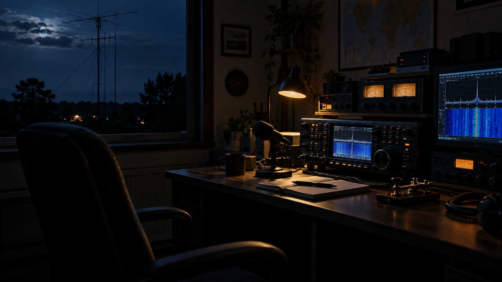 A modern amateur radio station with HF transceiver, spectrum display, microphone, and Morse key
